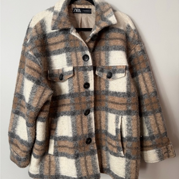 Zara Jackets & Blazers - ZARA Plaid Wool Blend Shacket Jacket XXL Oversized Beige Brown Coat